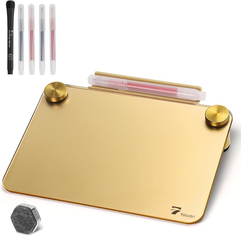 TOWON Gold Metallic Glossy Mirror Small White Board with Nail Support, Mini Desktop Glass Whiteboard, Desk White Board Dry Erase with Accessories, Stenography Artifact for Office Homeschooling Décor, 8x6'' - Image 1